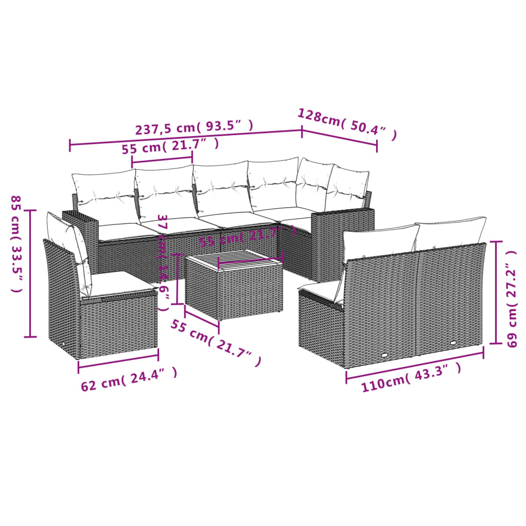 vidaXL 9-tlg. Garten-Sofagarnitur mit Kissen Beige Poly Rattan