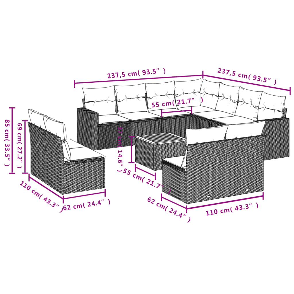 vidaXL 12-tlg. Garten-Sofagarnitur mit Kissen Grau Poly Rattan
