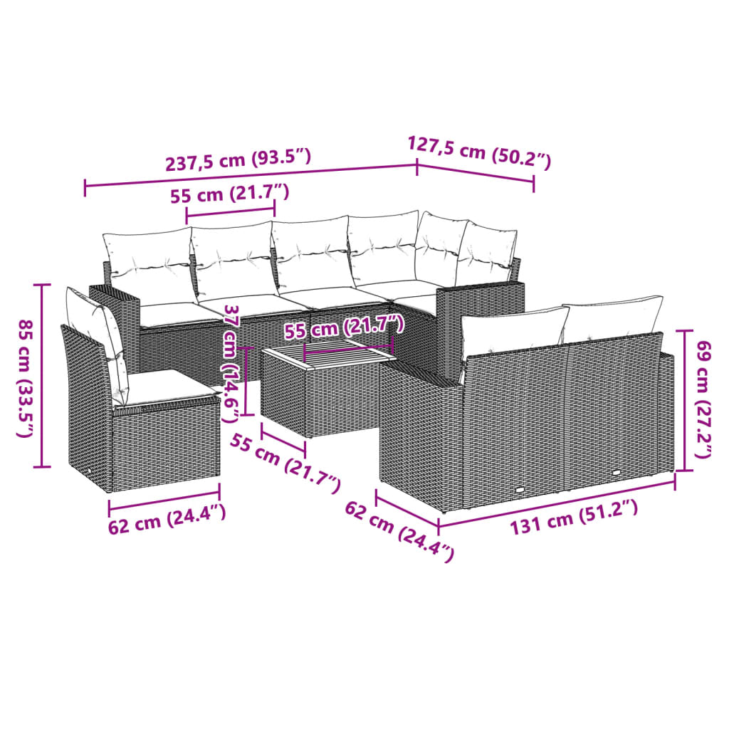 vidaXL Salon de jardin 9 pcs avec coussins Noir Résine tressée