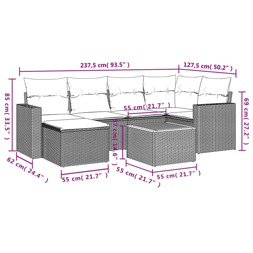 vidaXL Salon de jardin 7 pcs avec coussins Noir Résine tressée