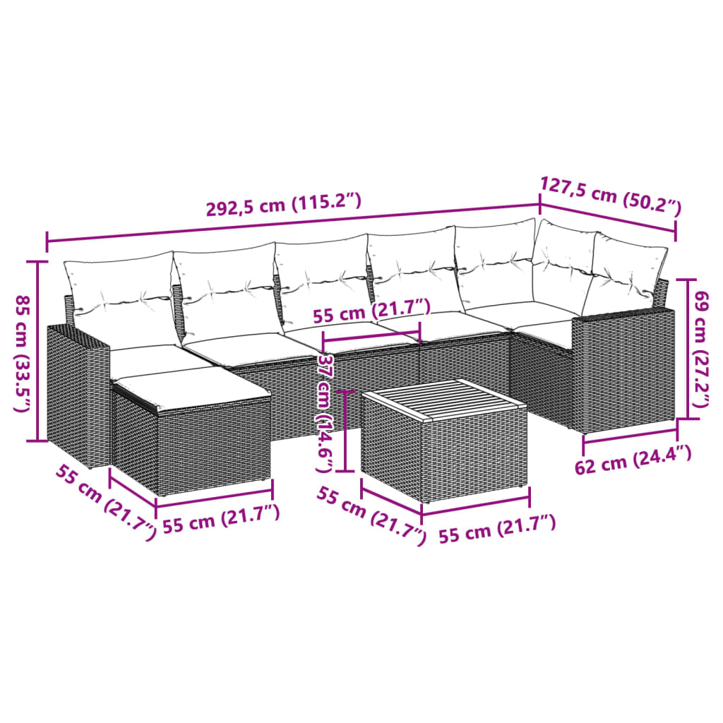 vidaXL Canapé d'angle de jardin 8 pcs avec coussins Résine tressée Beige