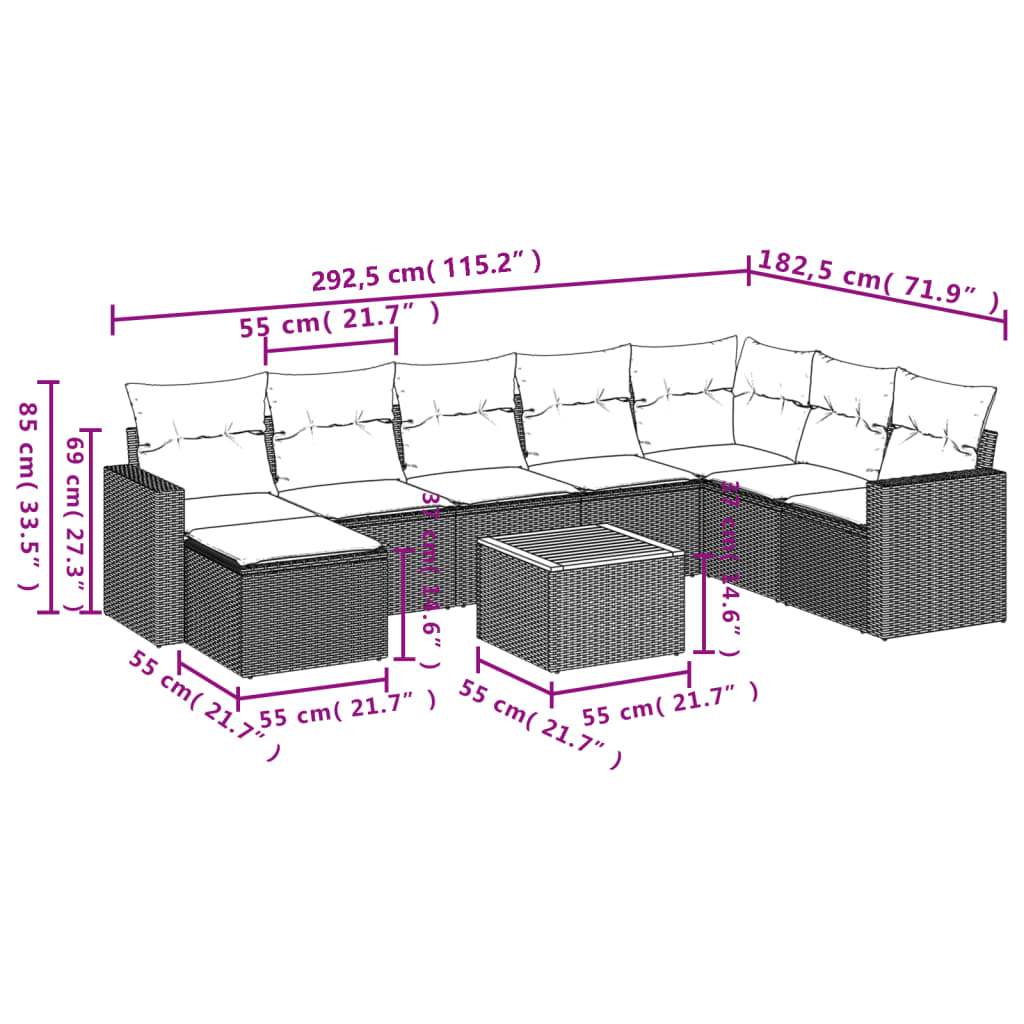 vidaXL Salon de jardin 9 pcs avec coussins Résine tressée Beige