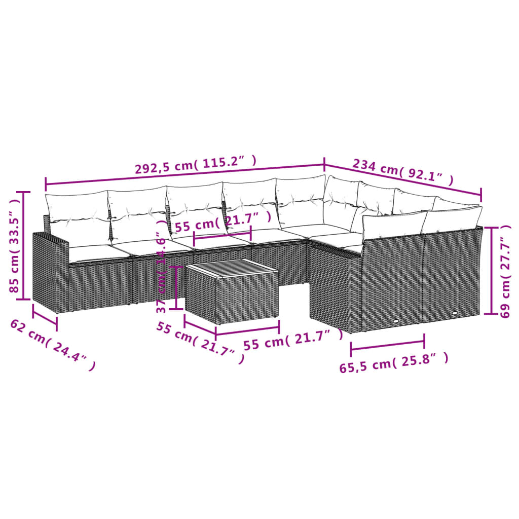 vidaXL Salon de jardin 10 pcs avec coussins Noir Résine tressée