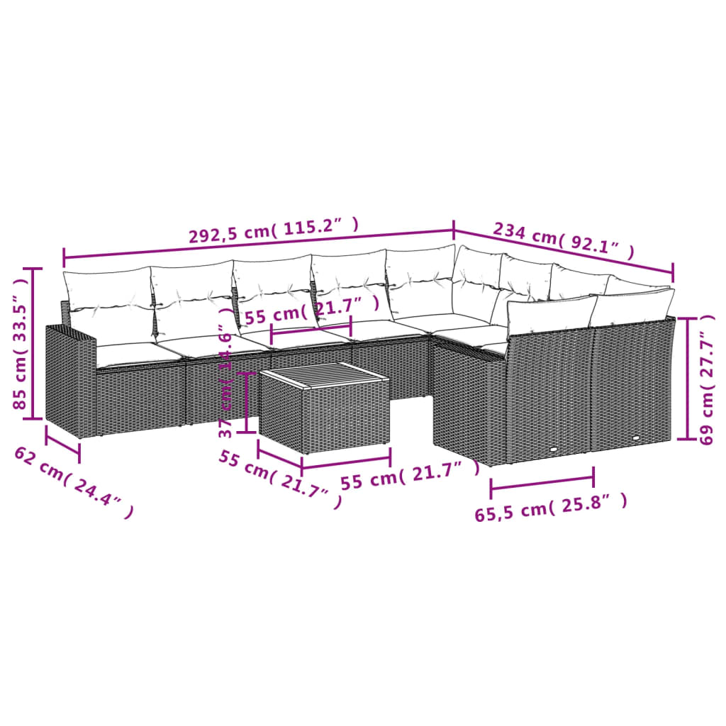 vidaXL Salon de jardin 10 pcs avec coussins résine tressée gris
