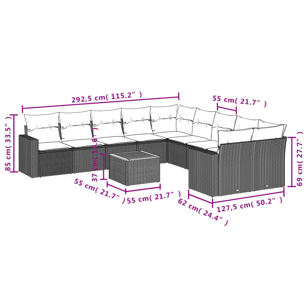 vidaXL Salon de jardin 11 pcs avec coussins Noir Résine tressée