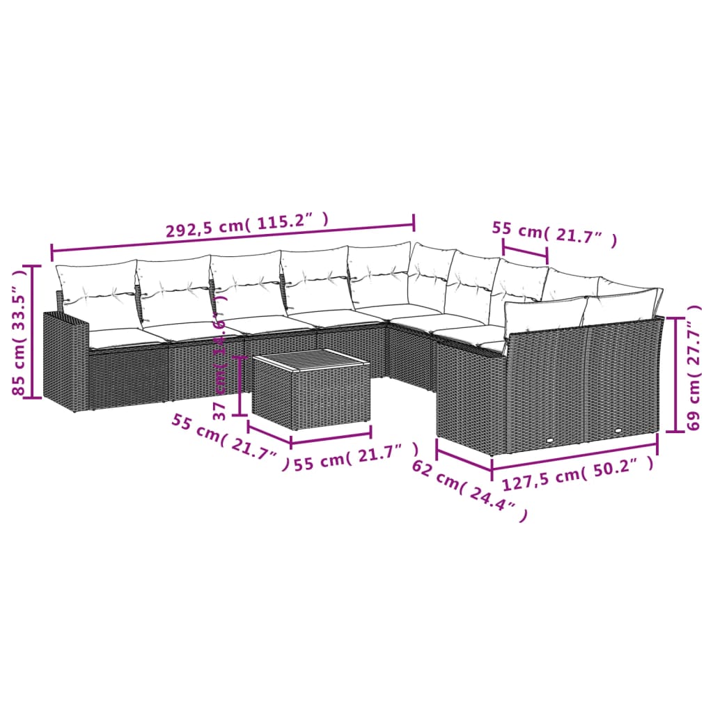 vidaXL Ensemble de canapés de jardin 11 pcs avec coussins en rotin synthétique beige