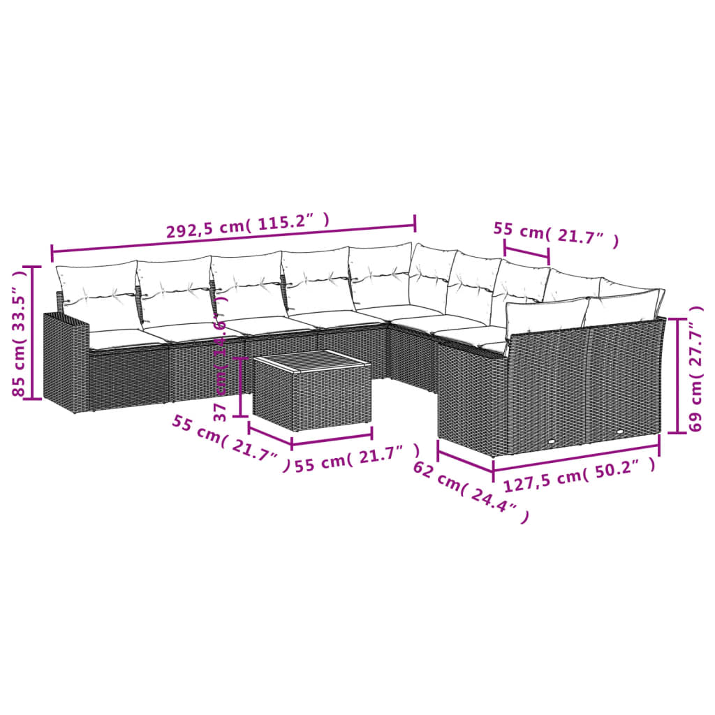 vidaXL Ensemble de canapés de jardin 11 pcs avec coussins en rotin synthétique beige