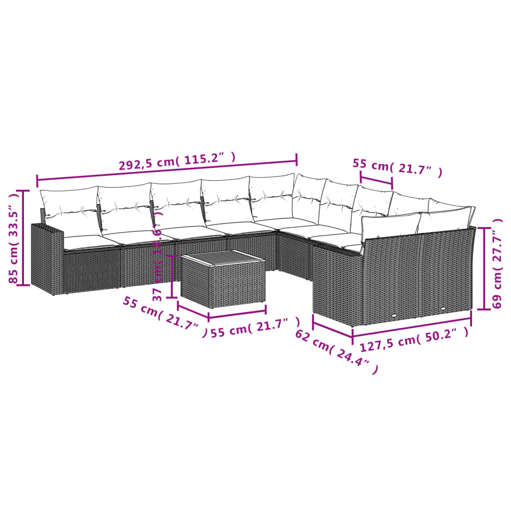 vidaXL Ensemble de canapés de jardin 11 pcs avec coussins en résine tressée gris