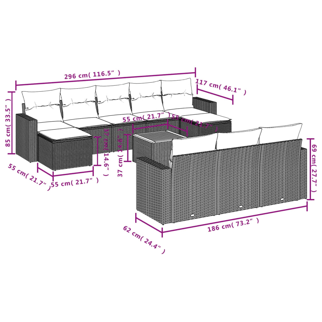 vidaXL 11-tlg. Garten-Sofagarnitur mit Kissen Beige Poly Rattan