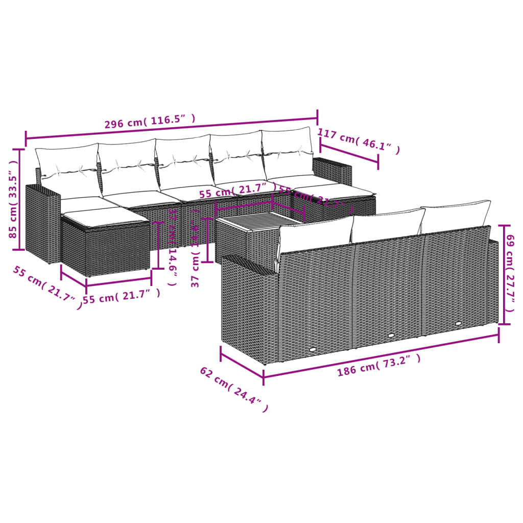 vidaXL Ensemble de canapés de jardin 11 pcs avec coussins en rotin synthétique beige