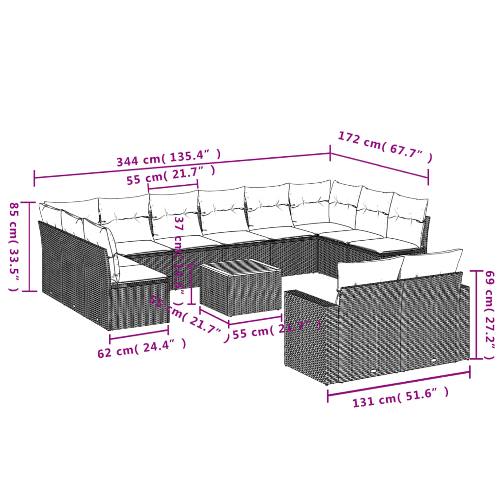 vidaXL Ensemble de canapés de jardin 13 pièces avec coussins résine tressée noire