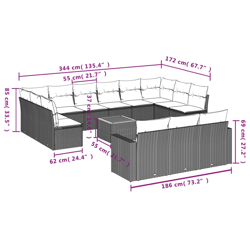 vidaXL 14-tlg. Garten-Sofagarnitur mit Kissen Beige Poly Rattan
