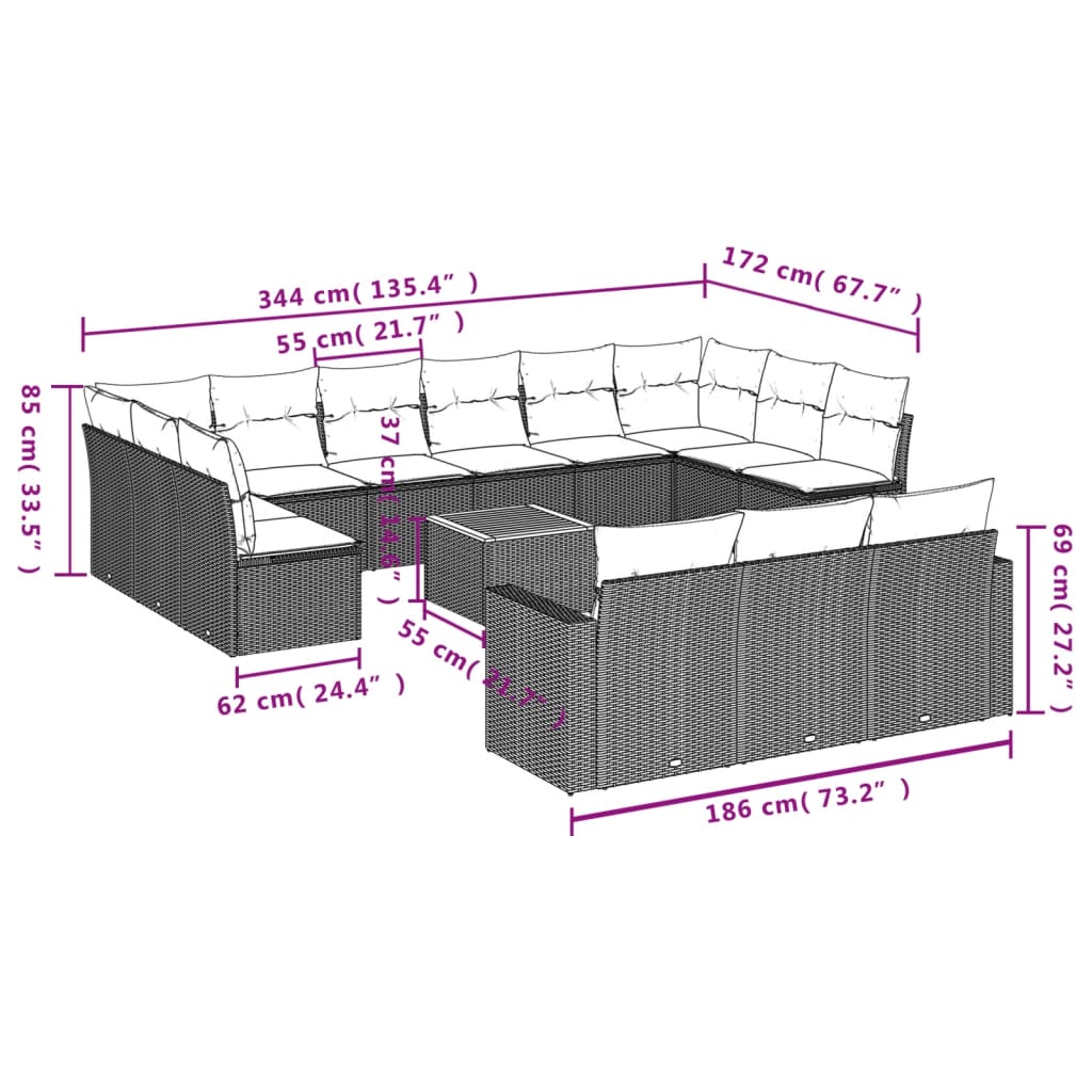 vidaXL 14-tlg. Garten-Sofagarnitur mit Kissen Beige Poly Rattan