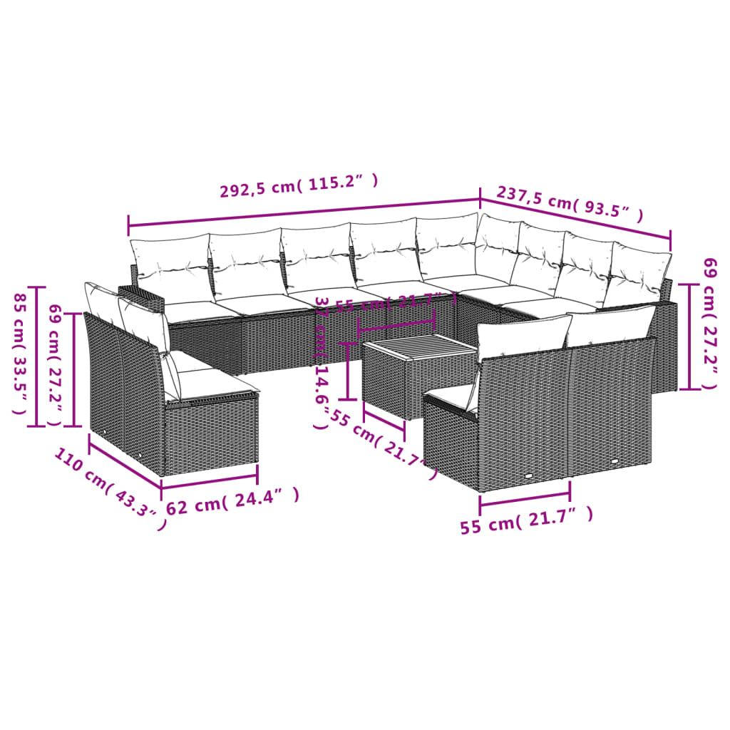 vidaXL Ensemble de canapés de jardin 13 pièces avec coussins résine tressée noire