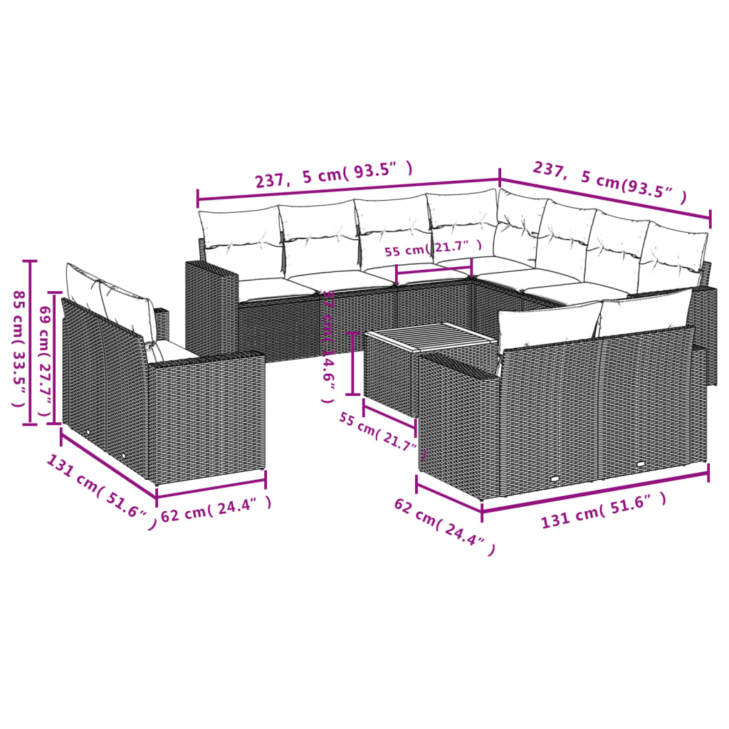 vidaXL 12-tlg. Garten-Sofagarnitur mit Kissen Grau Poly Rattan