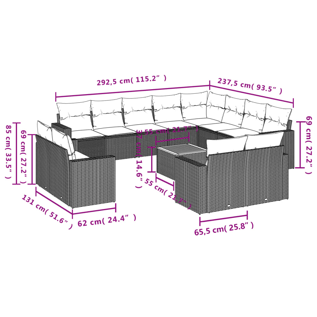 vidaXL Salon de jardin 13 pcs avec coussins Résine tressée Beige
