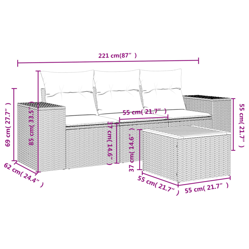 vidaXL 4-tlg. Garten-Sofagarnitur mit Kissen Schwarz Poly Rattan