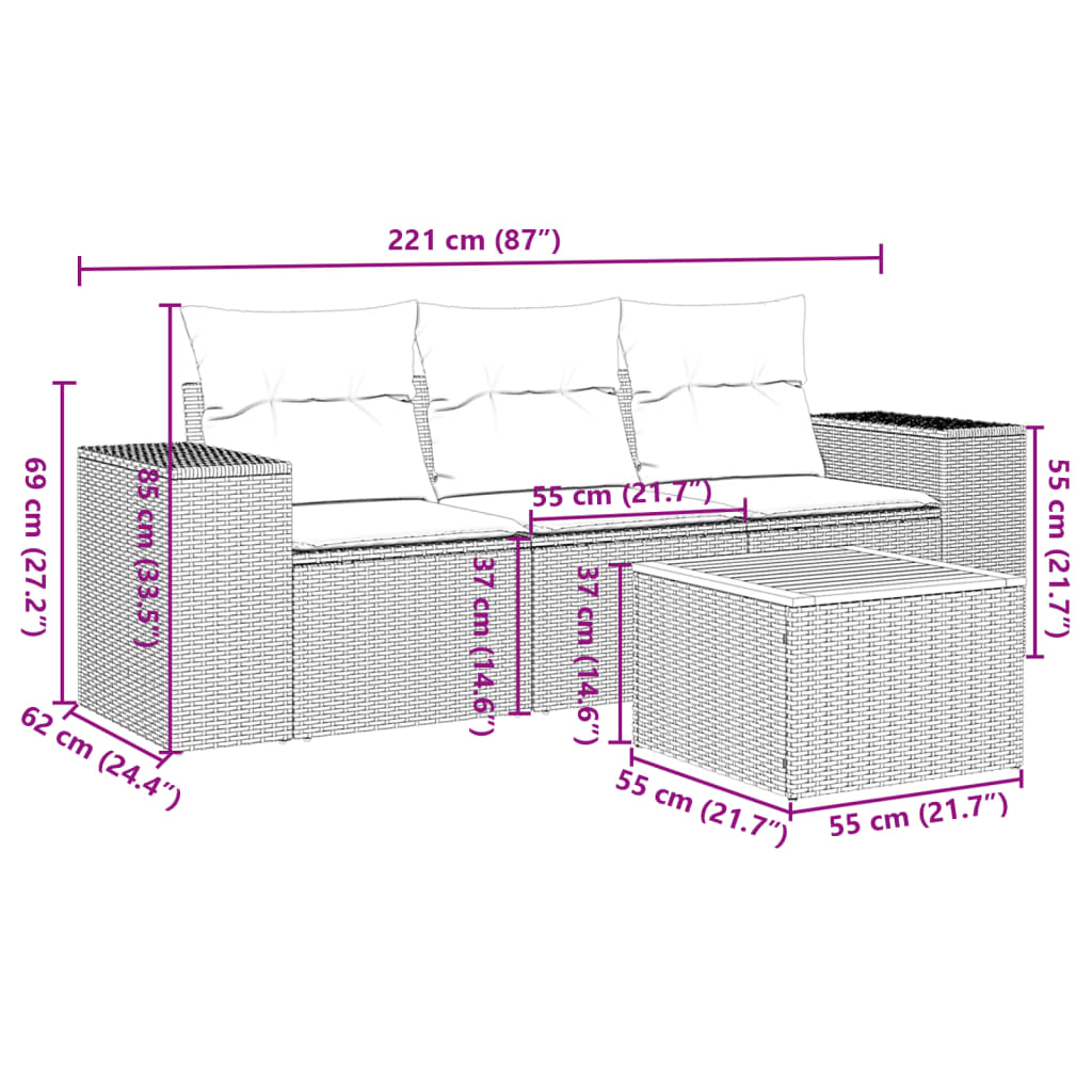 vidaXL 4-tlg. Garten-Sofagarnitur mit Kissen Schwarz Poly Rattan