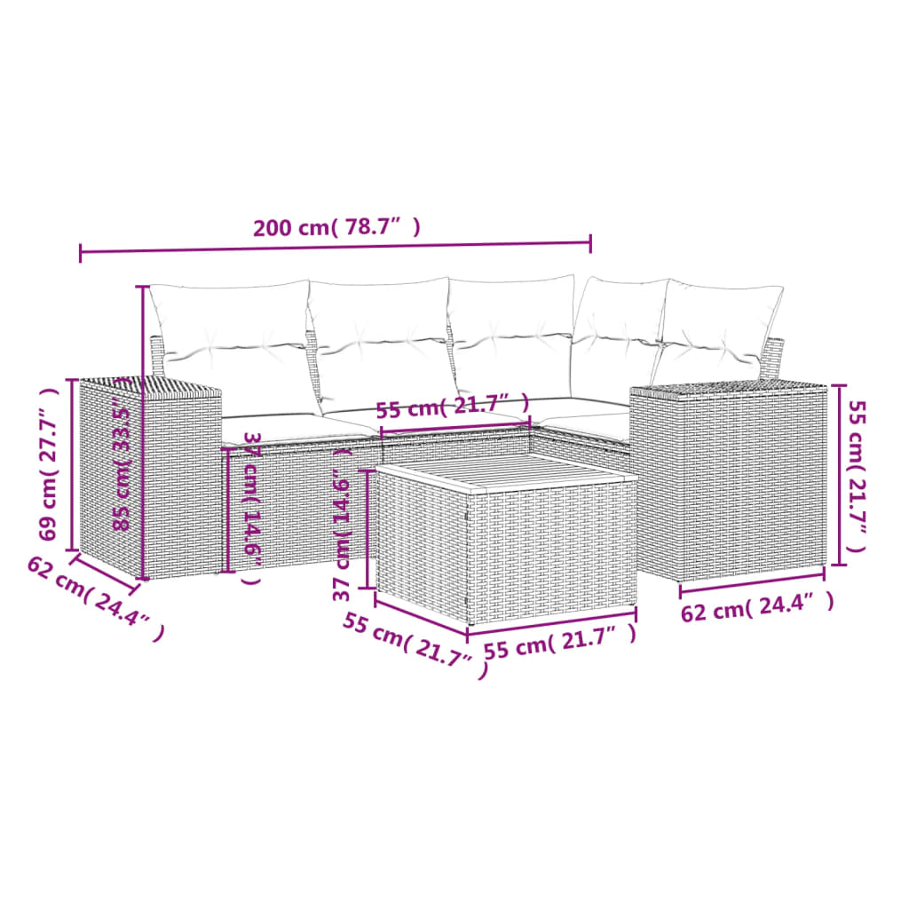 vidaXL Ensemble de canapés de jardin 5 pcs avec coussins, résine tressée noire