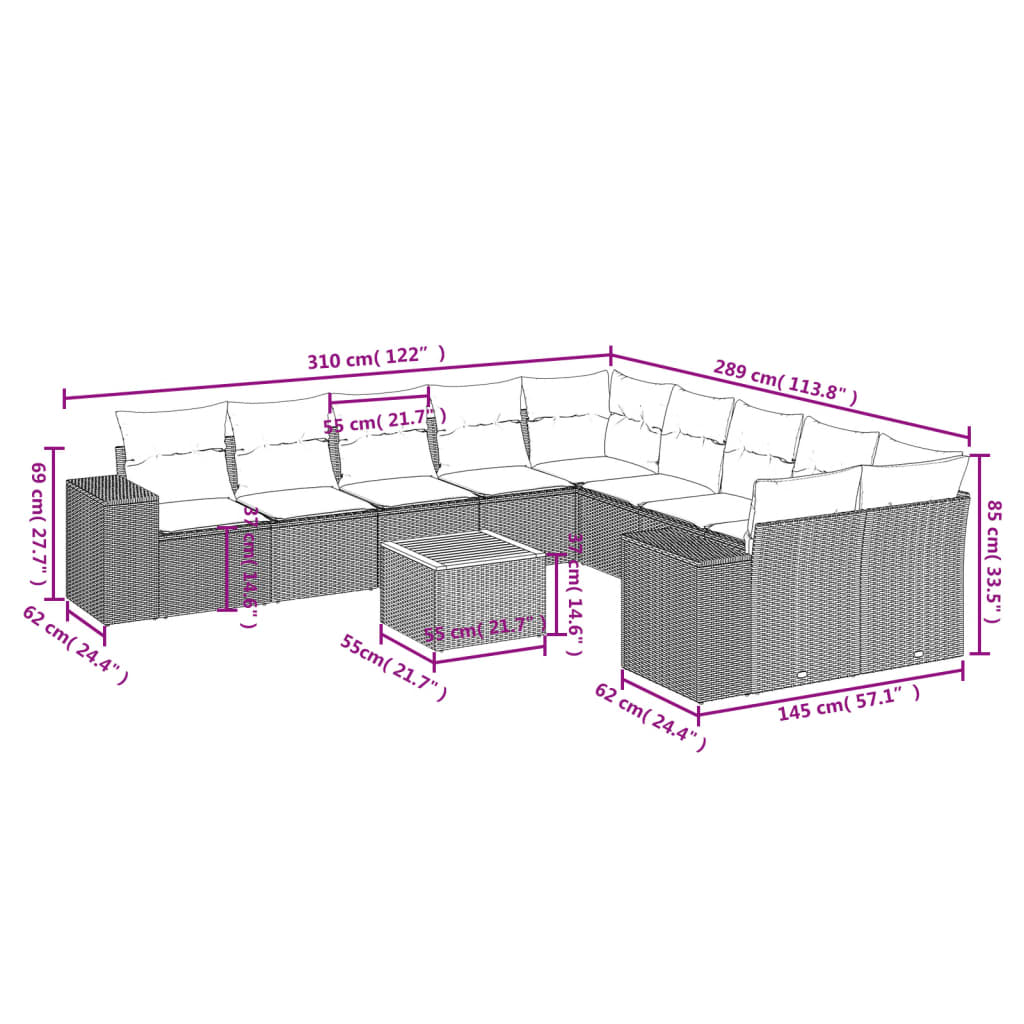 vidaXL 11-tlg. Garten-Sofagarnitur mit Kissen Beige Poly Rattan