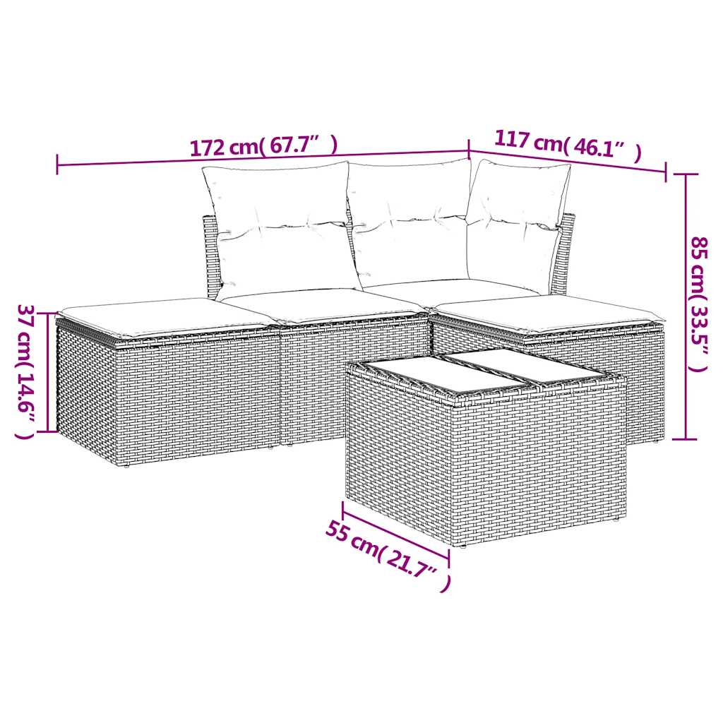 5-tlg. Garten-Sofagarnitur mit Kissen Hellgrau Poly Rattan