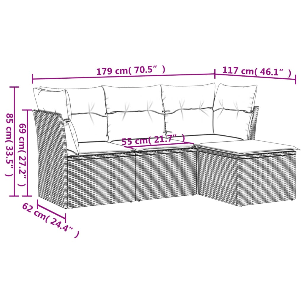 vidaXL 4-tlg. Garten-Sofagarnitur mit Kissen Schwarz Poly Rattan