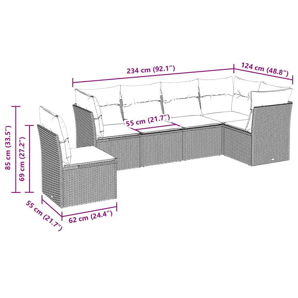 vidaXL 6-tlg. Garten-Sofagarnitur mit Kissen Schwarz Poly Rattan