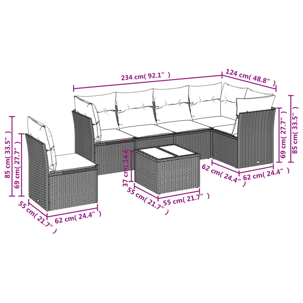 vidaXL 7-tlg. Garten-Sofagarnitur mit Kissen Beige Poly Rattan