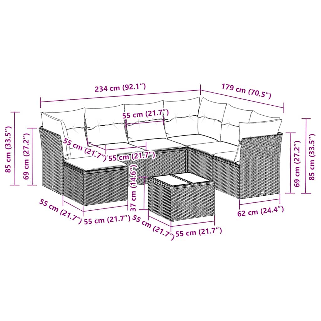 8-tlg. Garten-Sofagarnitur mit Kissen Schwarz Poly Rattan