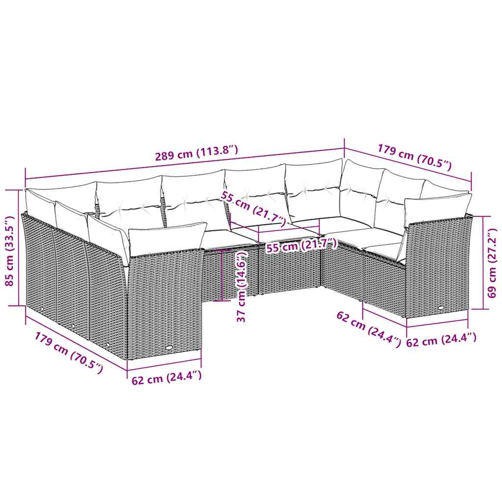 9-tlg. Garten-Sofagarnitur mit Kissen Hellgrau Poly Rattan