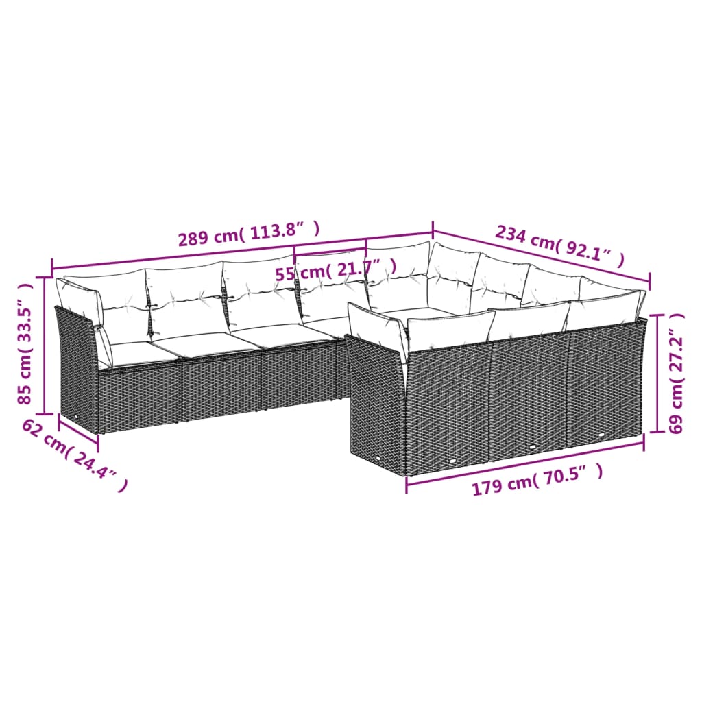 vidaXL Salon de jardin 10 pcs avec coussins Noir Résine tressée