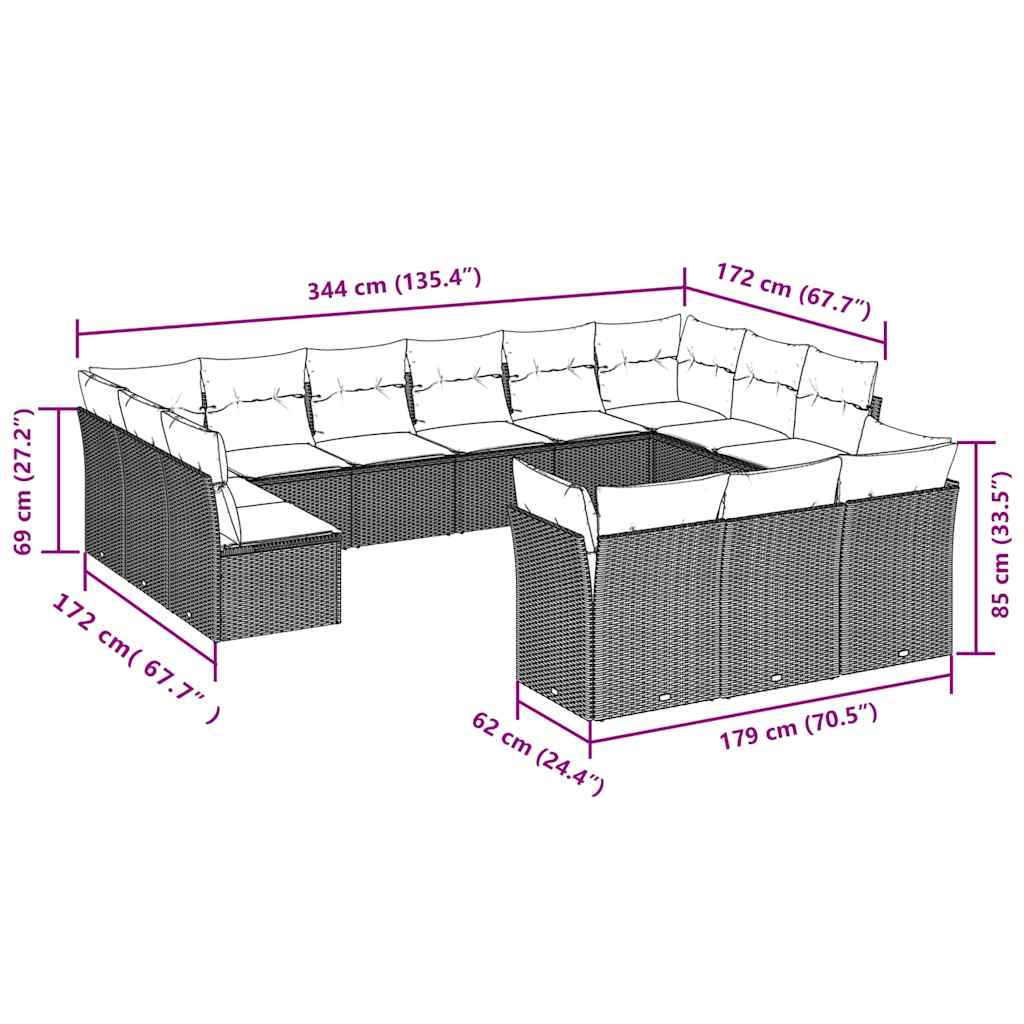 vidaXL 13-tlg. Garten-Sofagarnitur mit Kissen Schwarz Poly Rattan