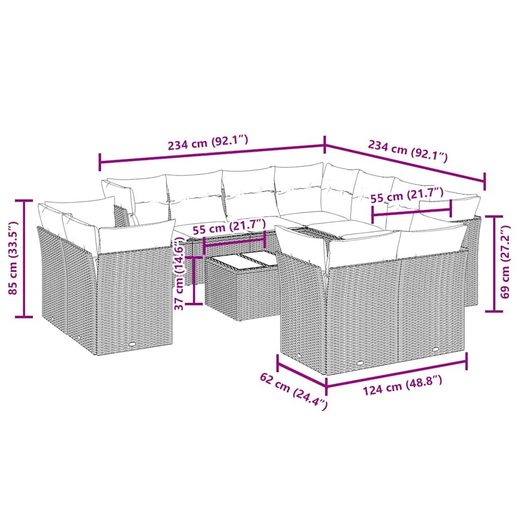 vidaXL 12-tlg. Garten-Sofagarnitur mit Kissen Schwarz Poly Rattan