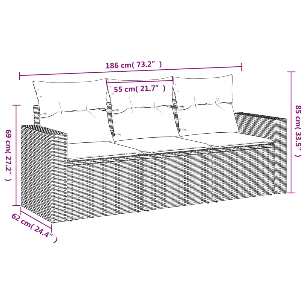 vidaXL 3-tlg. Garten-Sofagarnitur mit Kissen Schwarz Poly Rattan