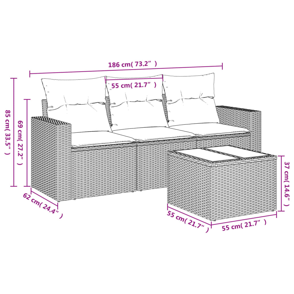 vidaXL Salon de jardin 4 pcs avec coussins résine tressée noir