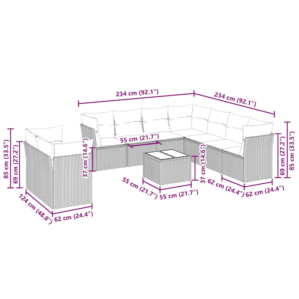 10-tlg. Garten-Sofagarnitur mit Kissen Hellgrau Poly Rattan