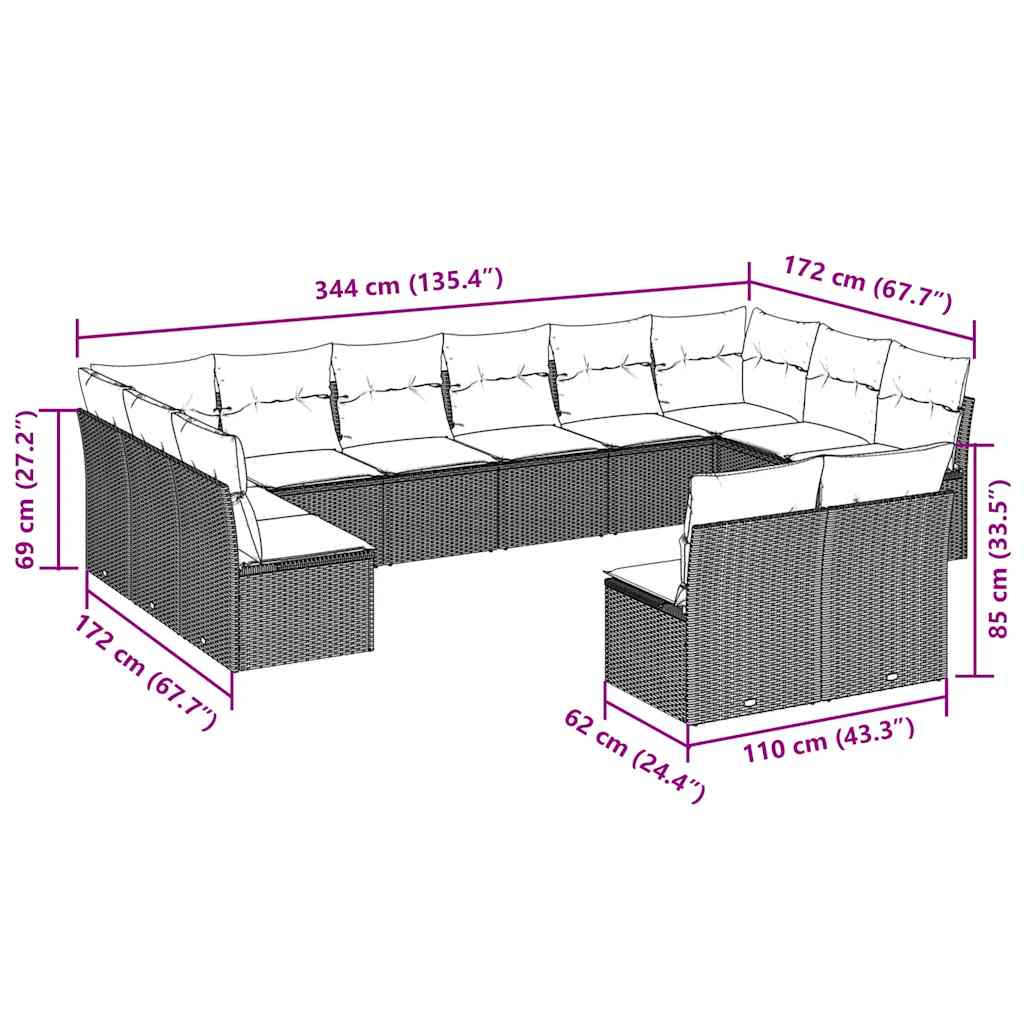 vidaXL 12-tlg. Garten-Sofagarnitur mit Kissen Braun Poly Rattan