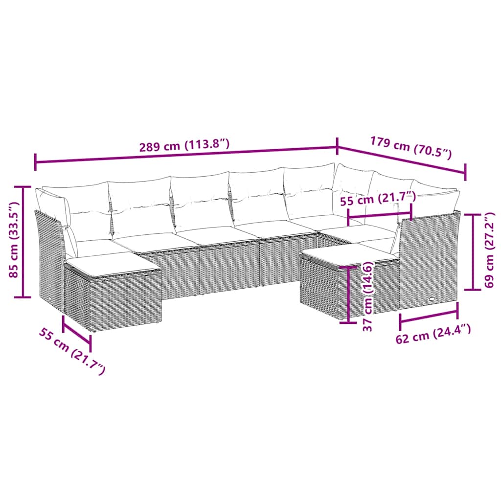 vidaXL 9-tlg. Garten-Sofagarnitur mit Kissen Braun Poly Rattan