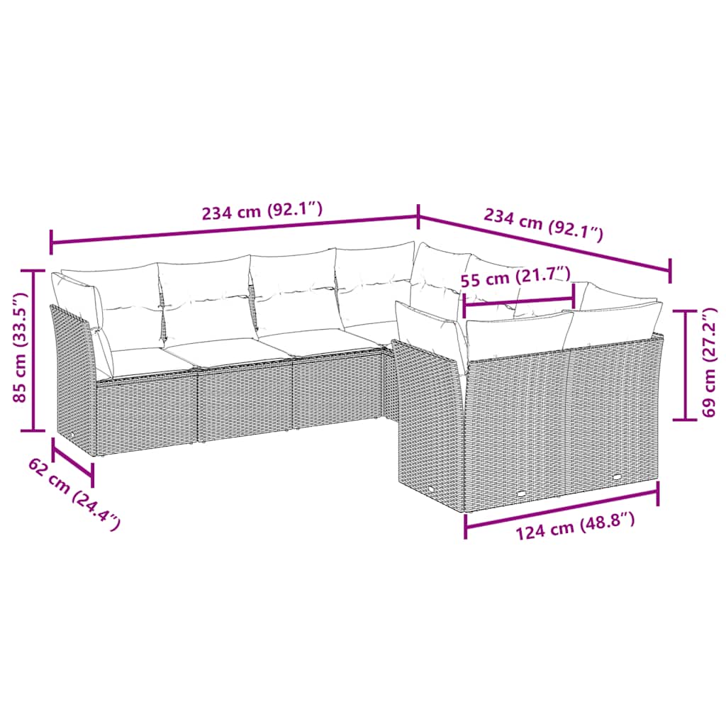 vidaXL 8-tlg. Garten-Sofagarnitur mit Kissen Braun Poly Rattan
