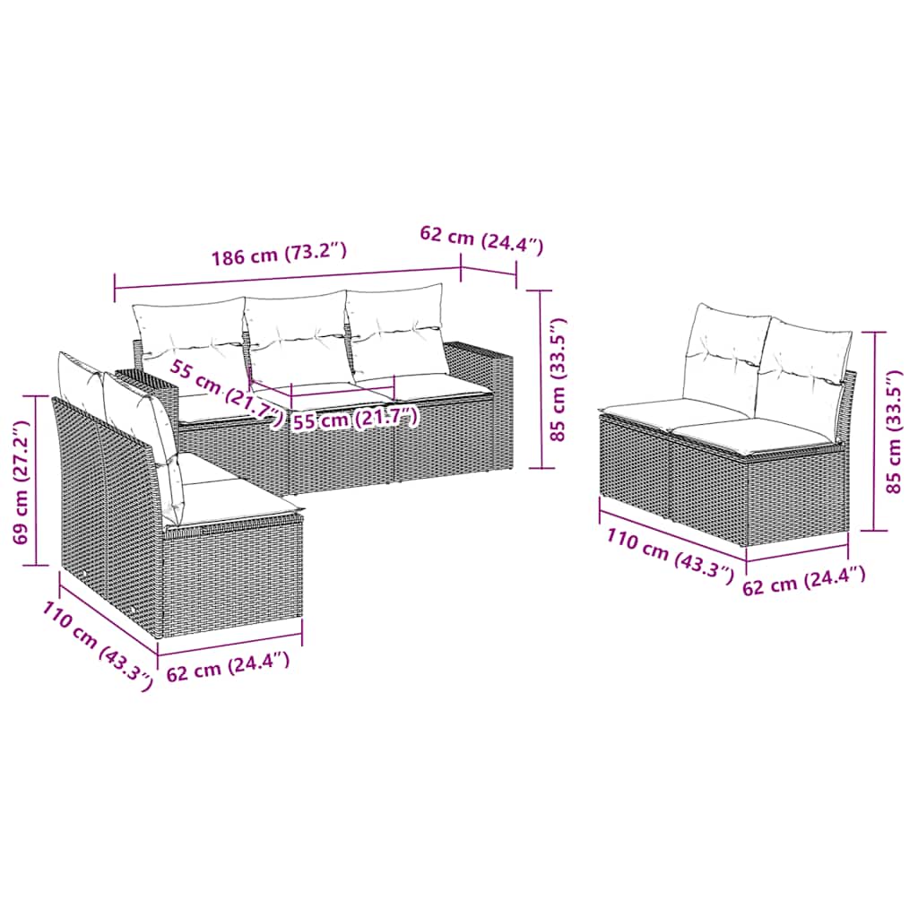 7-tlg. Garten-Sofagarnitur mit Kissen Braun Poly Rattan