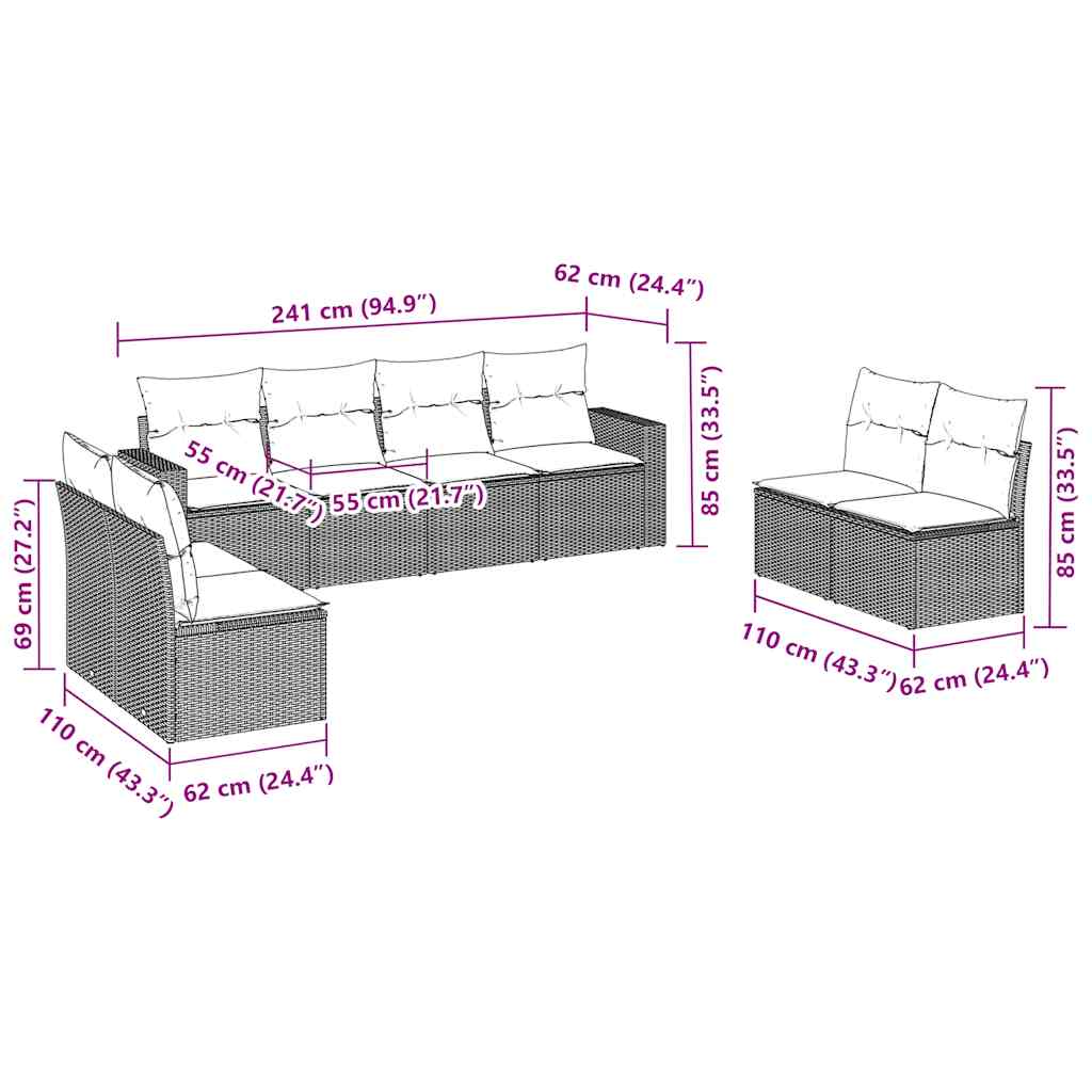 vidaXL 8-tlg. Garten-Sofagarnitur mit Kissen Braun Poly Rattan
