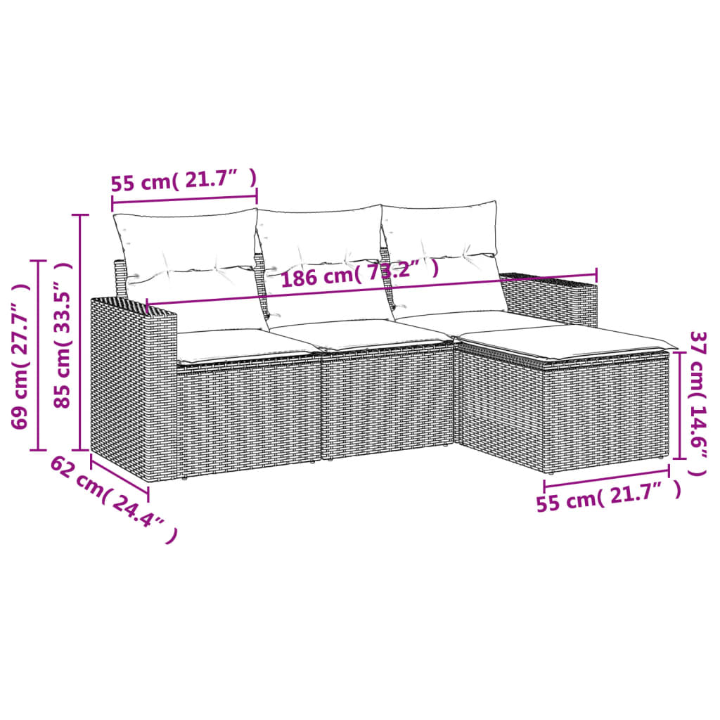 vidaXL 4-tlg. Garten-Sofagarnitur mit Kissen Grau Poly Rattan