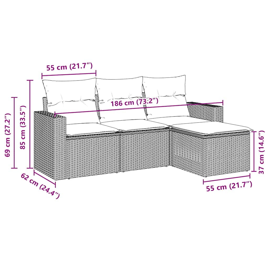vidaXL 4-tlg. Garten-Sofagarnitur mit Kissen Braun Poly Rattan
