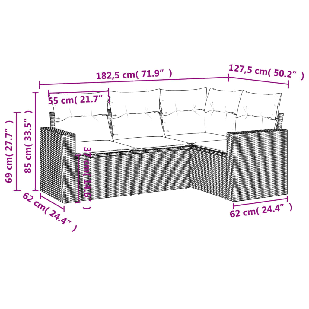 vidaXL 4-tlg. Garten-Sofagarnitur mit Kissen Grau Poly Rattan