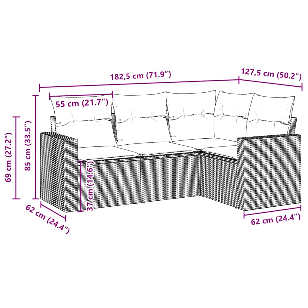 vidaXL 4-tlg. Garten-Sofagarnitur mit Kissen Braun Poly Rattan