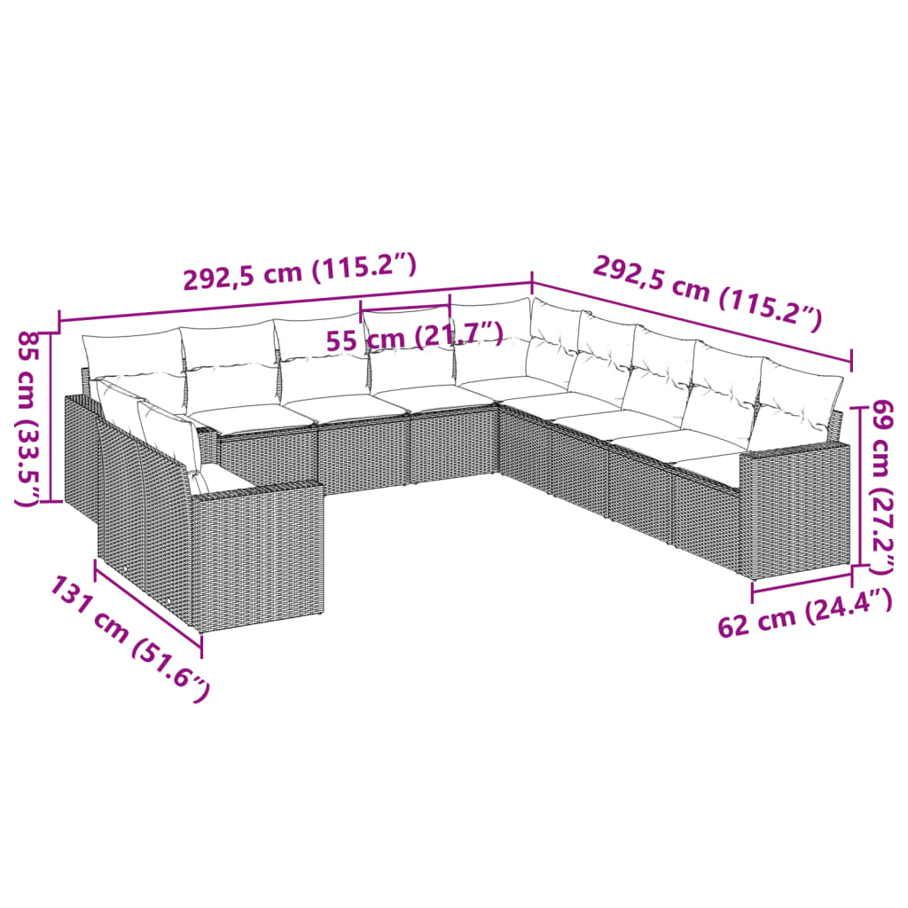 vidaXL 11-tlg. Garten-Sofagarnitur mit Kissen Braun Poly Rattan