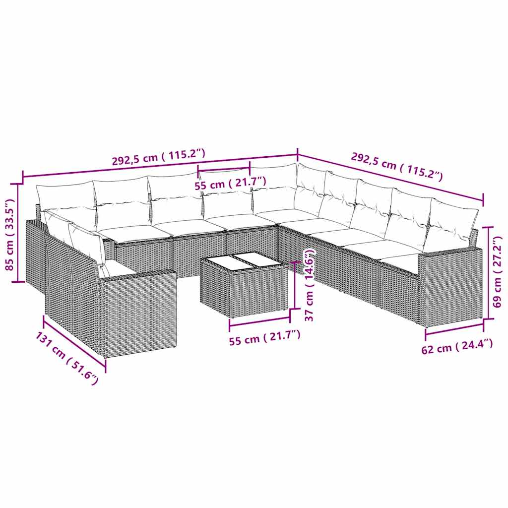 12-tlg. Garten-Sofagarnitur mit Kissen Hellgrau Poly Rattan