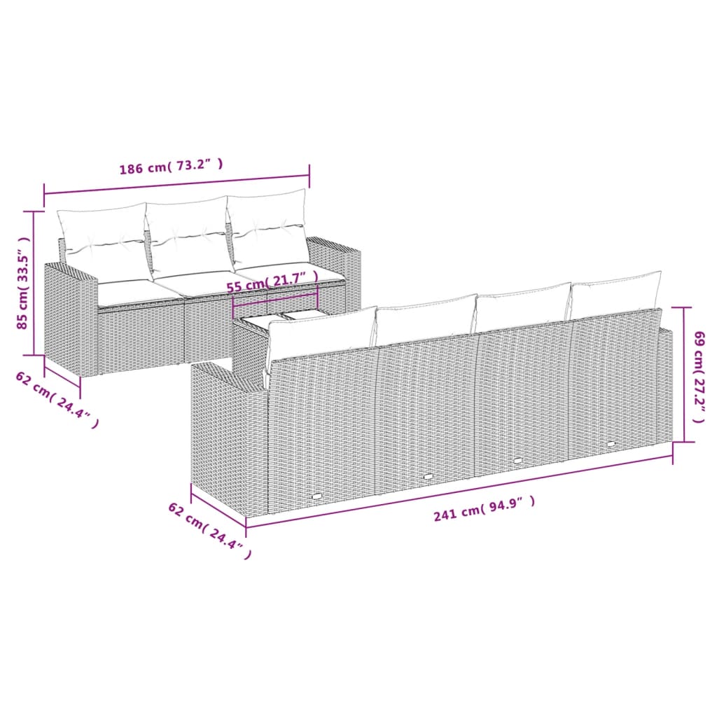 vidaXL Salon de jardin 8 pcs avec coussins Gris clair résine tressée