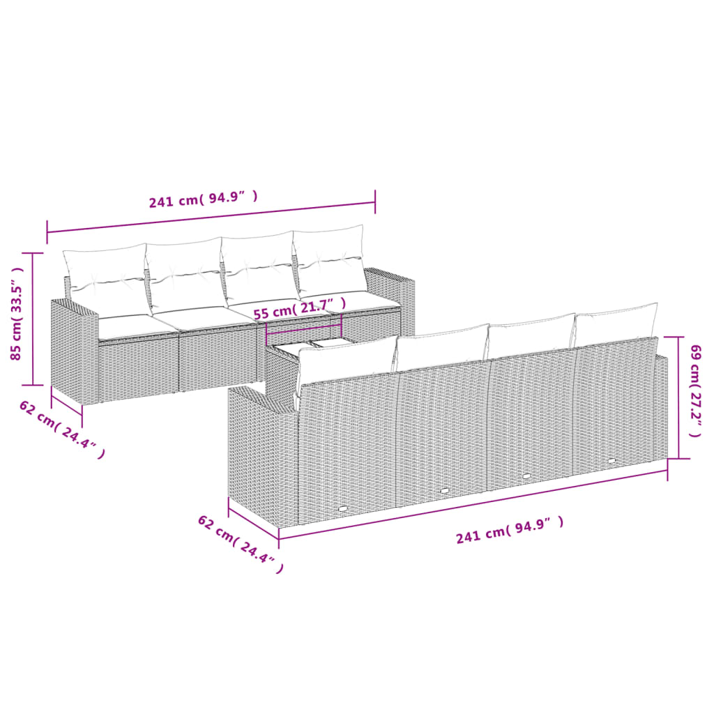 vidaXL 9-tlg. Garten-Sofagarnitur mit Kissen Hellgrau Poly Rattan