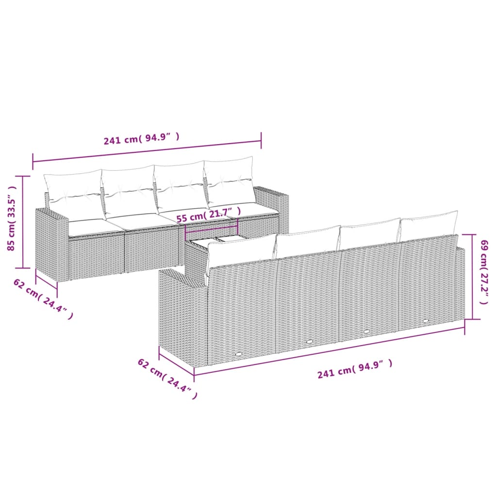 vidaXL Ensemble de canapés de jardin 9 pcs avec coussins résine tressée marron